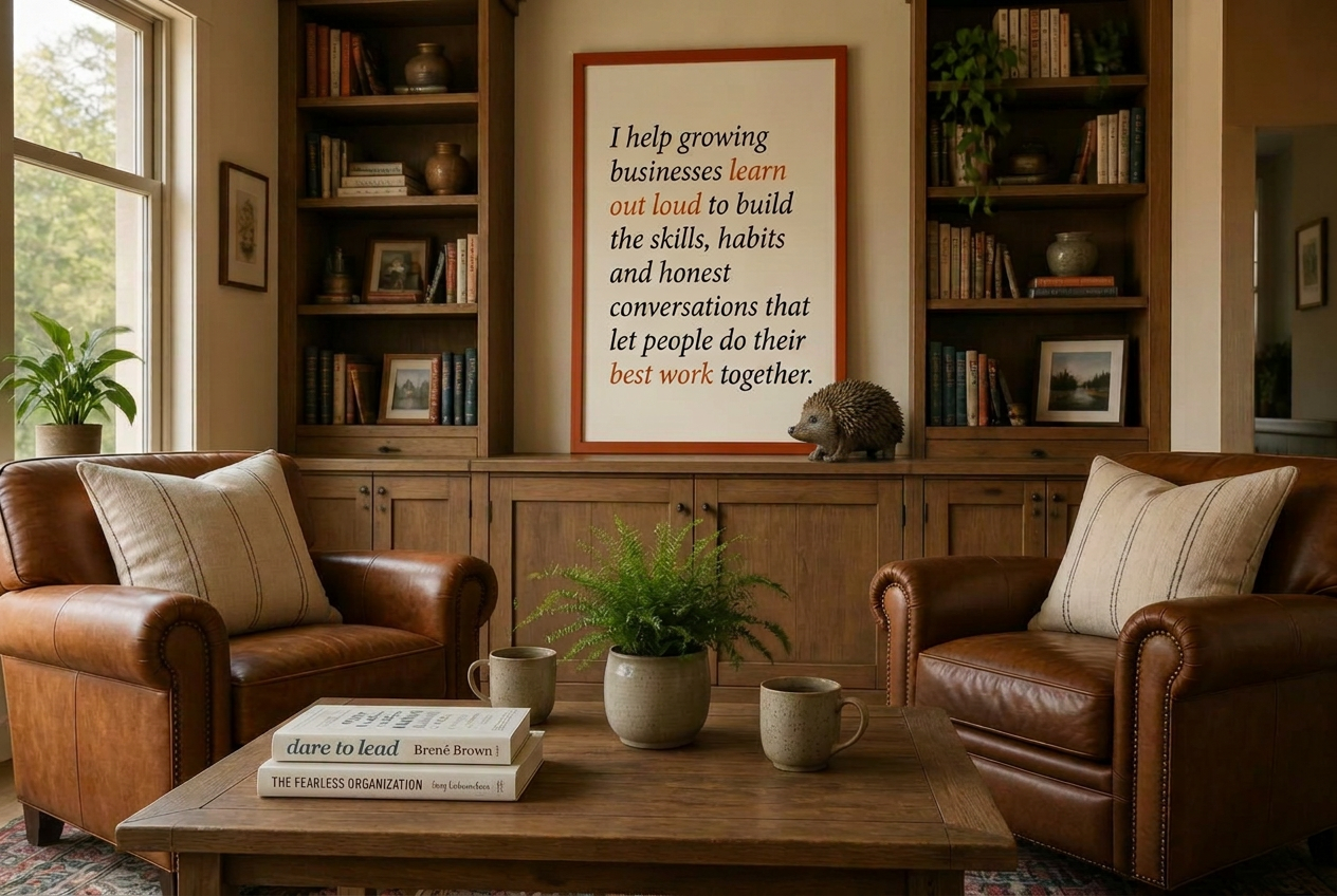 Two linen armchairs turned toward each other in a sunlit study, with books, a notebook and coffee on a low oak table